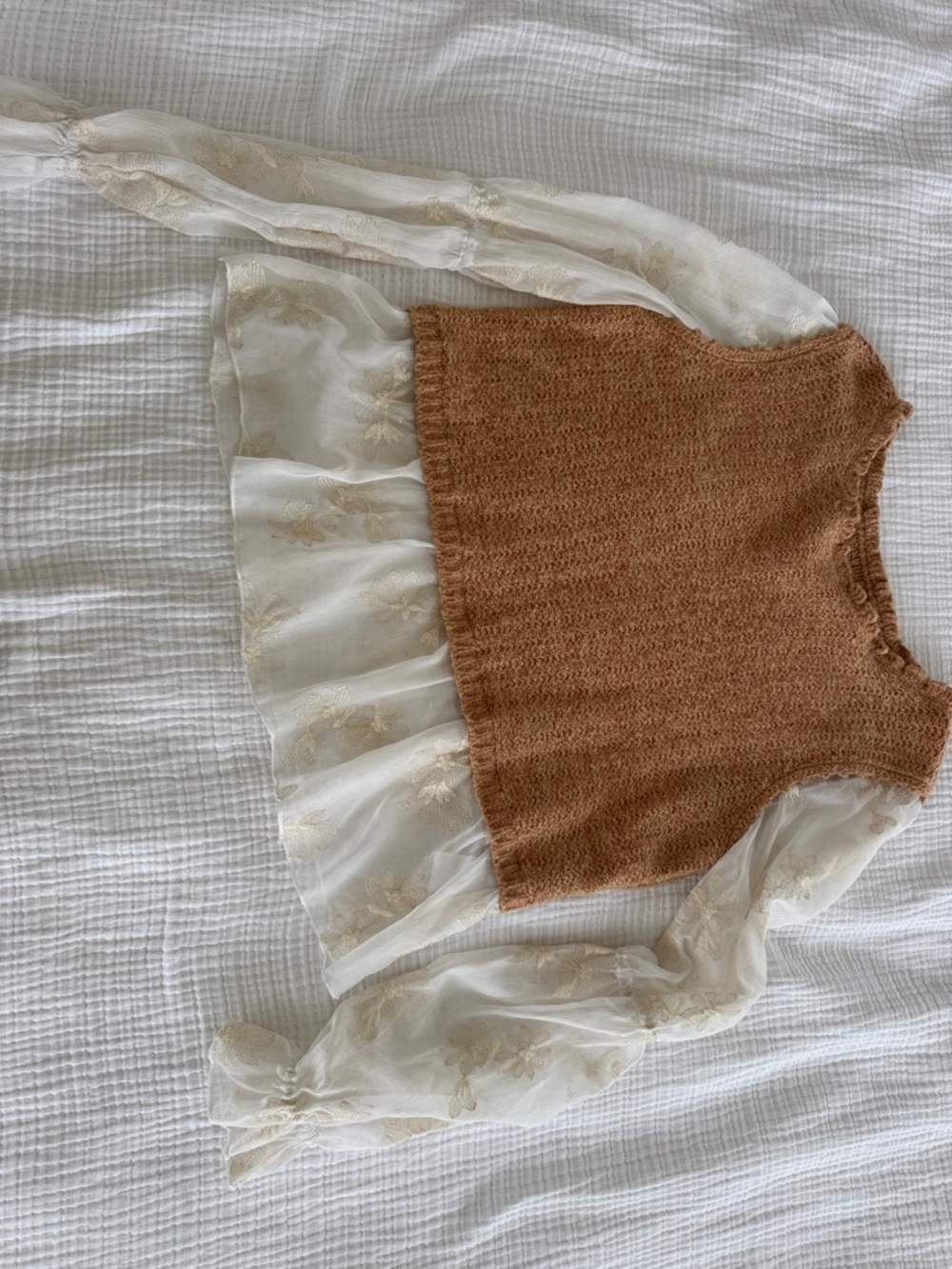 Anthropologie Ivory Sheer Sleeve Top with Rust Knit Bodice
